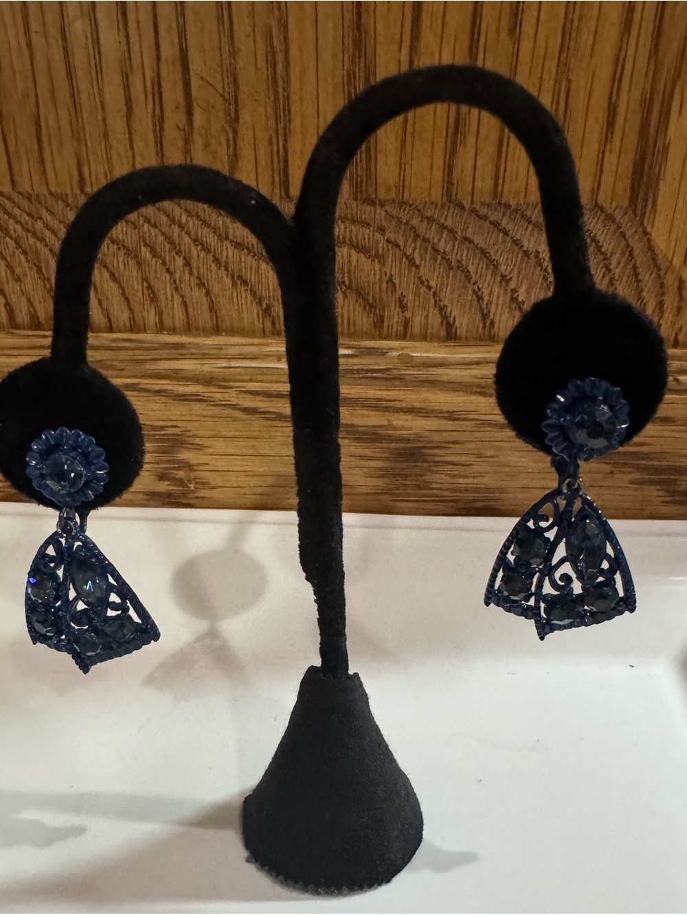 Midnight Blue Ornate Crystal Filigree Clip-on Dangle Earrings